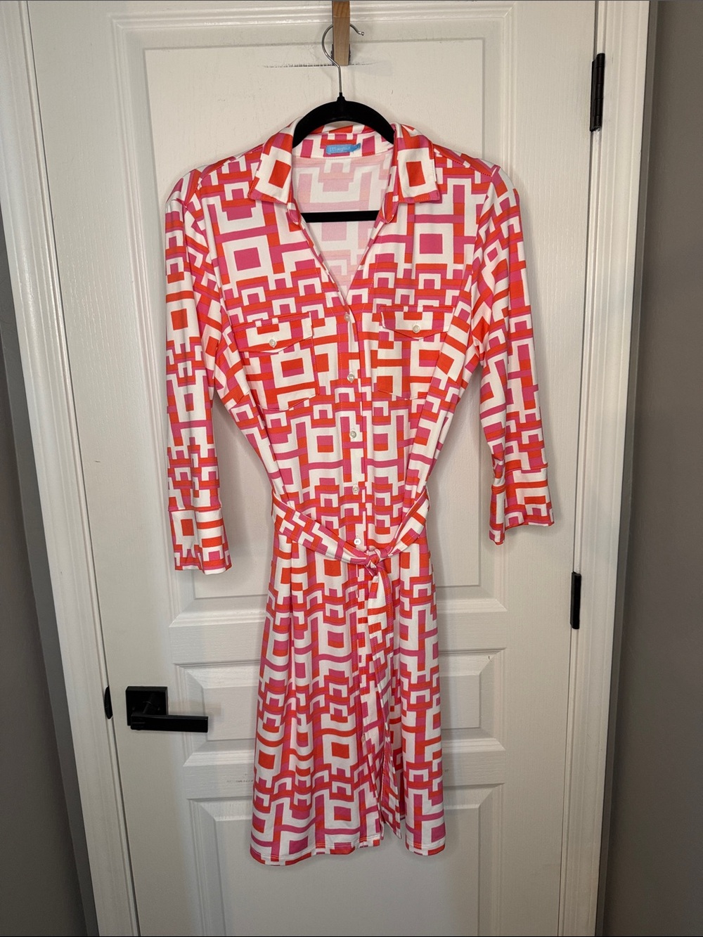 J. McLaughlin Pink & Orange Geometric Midi Shirt Dress